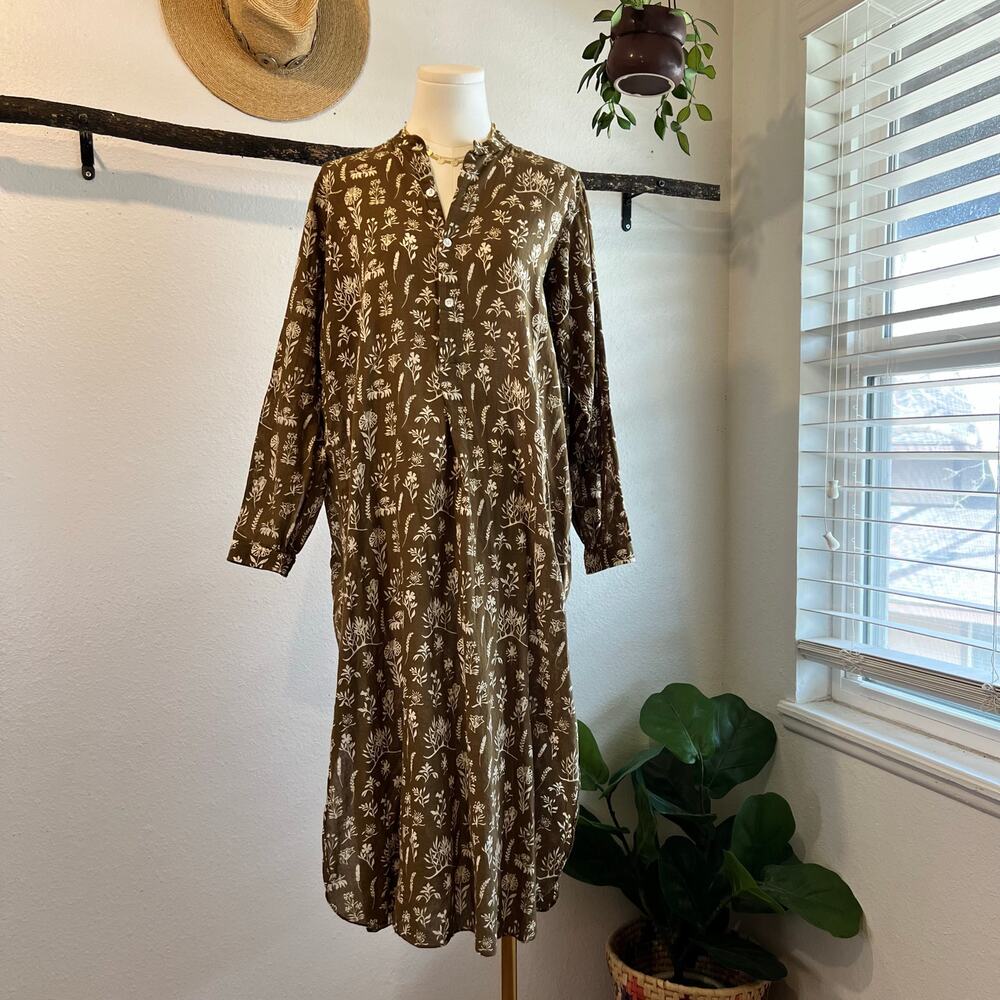 Moismont Green Cotton France Botanical Print Long Sleeve Maxi Dress Size S/M